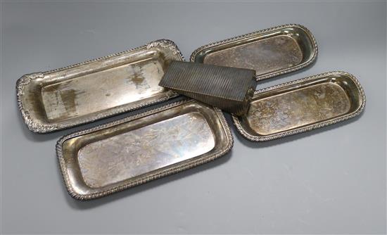 Four Sheffield plate snuffers trays and a dish wedge Largest 23cm x 10cm wide